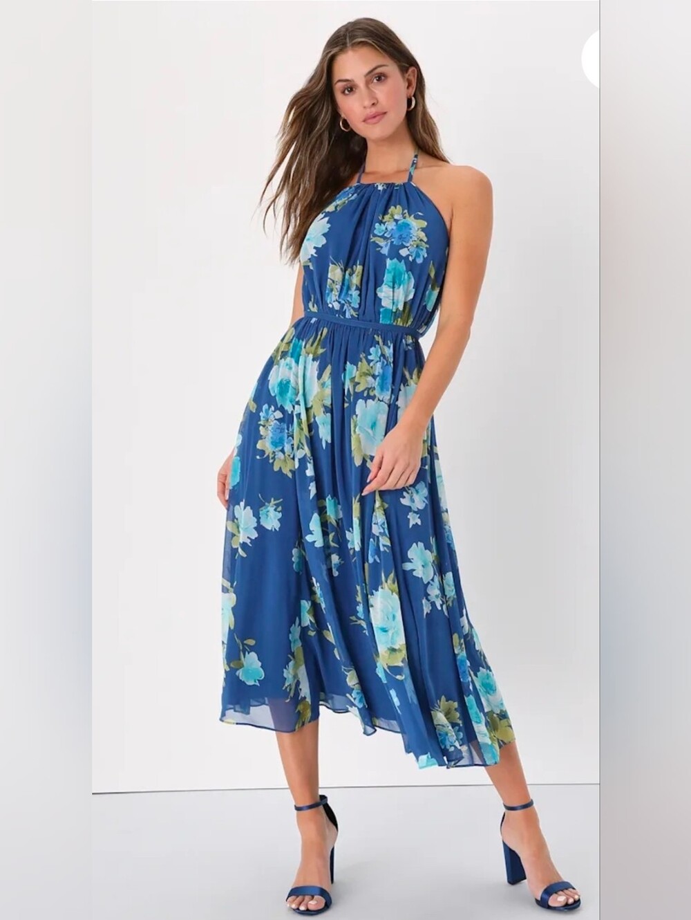 Lulus Unbelievable Blossom Blue Floral Print Halter Midi Dress Size Small